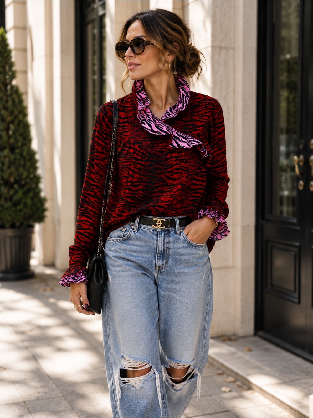 Kenzo Red and Black Zebra-Print Long Sleeve Top with Pink Collar
